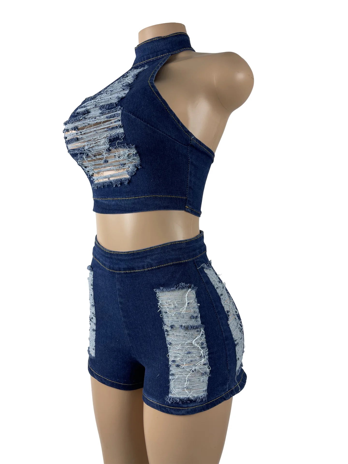 Y2k New Fashion Street Style Stretchy Sexy Ripped Bodice Denim Tops And Denim Shorts Jeans 2PCS Set Women's Clothing Plus Size