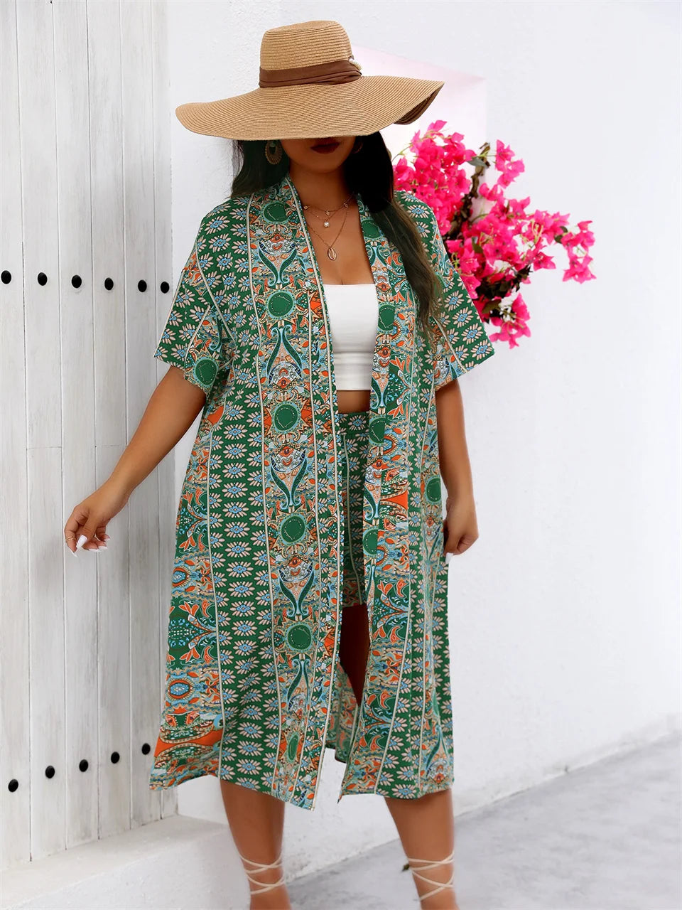 GIBSIE Plus Size Summer Two Piece Set For Women Vacation Long Kimono Cardigan with Shorts Beach Style Boho Print Outfit Sets