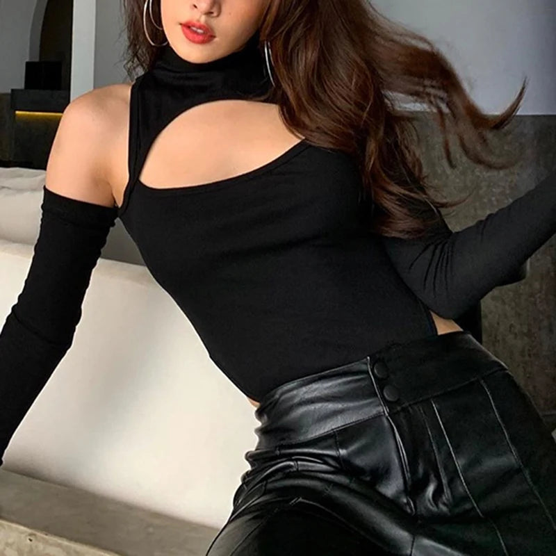Women's Sexy Hollow Bodysuit Long Sleeved Off-Shoulder Tops Solid Color Fashion Half High Collar Jumpsuit