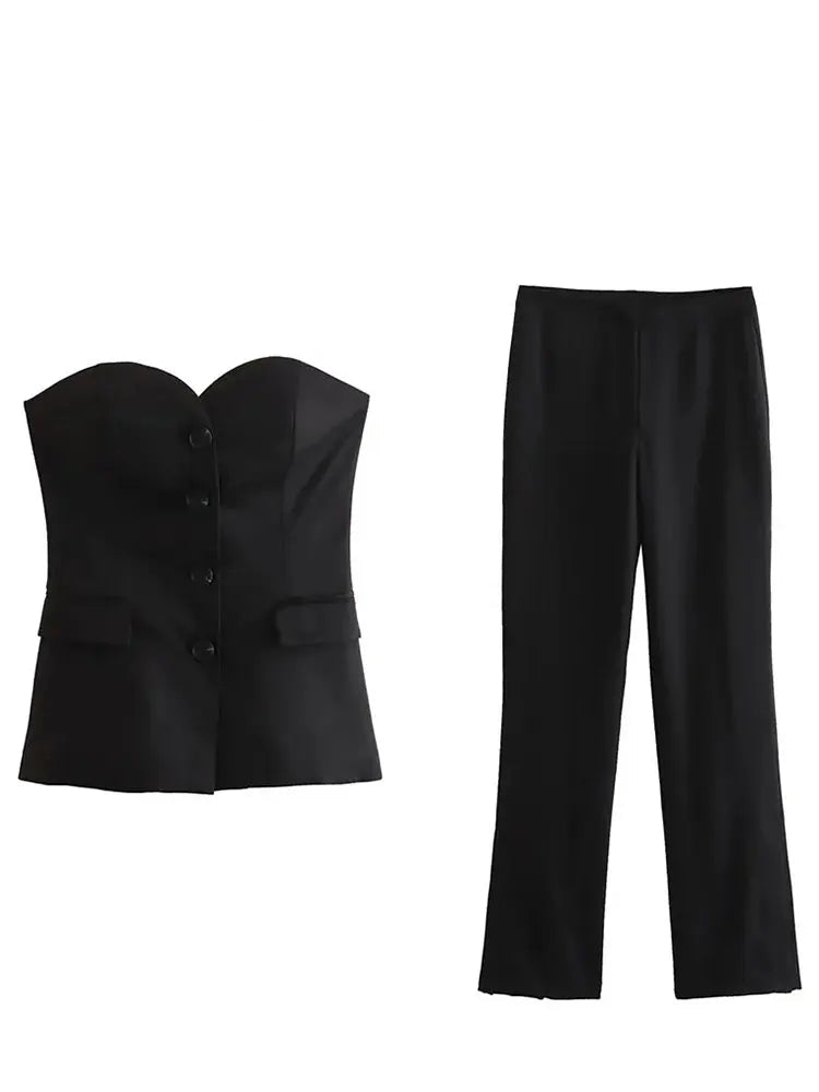 Women Elegant Pant Suit Strapless Top Side Slit Trouser