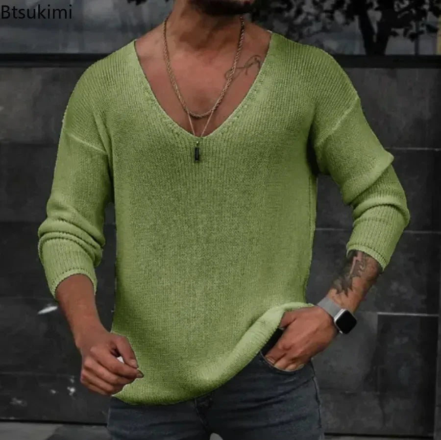 New 2025 Men's Casual Long Sleeve Knitted Sweaters Tops Solid Fashion Pullover Tops For Men Harajuku V-neck Streetwear Jumper