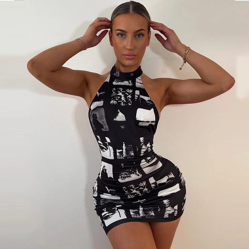 Hugcitar Vintage Print Halter Sleeveless Backless Sexy Slim Bodycon Mini Dress 2023 Summer Y2K Outfit Streetwear Nightclub Biker