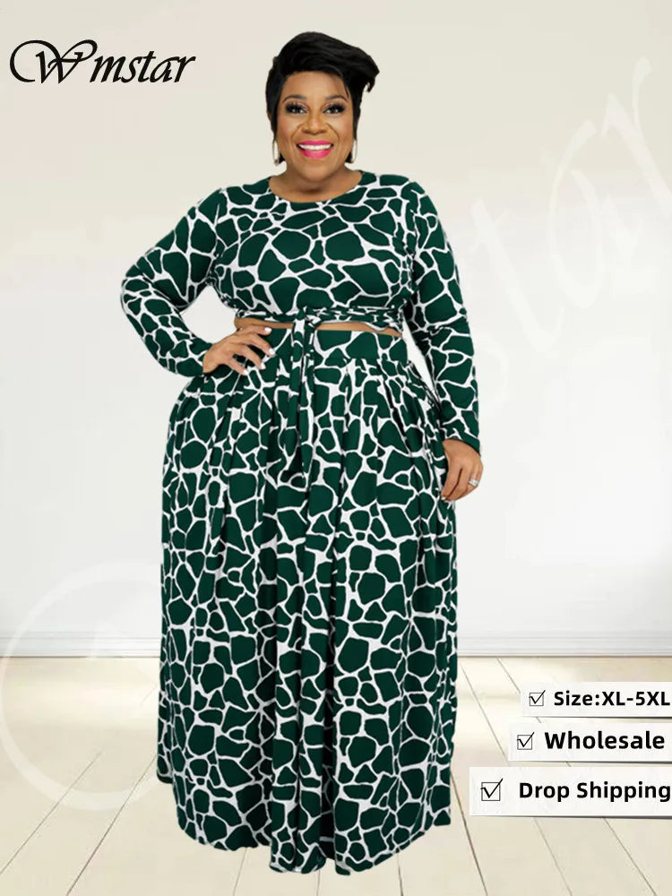 Wmstar Plus Size Women Clothing Skirts Matching Sets 2 Piece Outfits Crop Top Long Sleeve Maxi Big Swing Wholesale Dropshipping