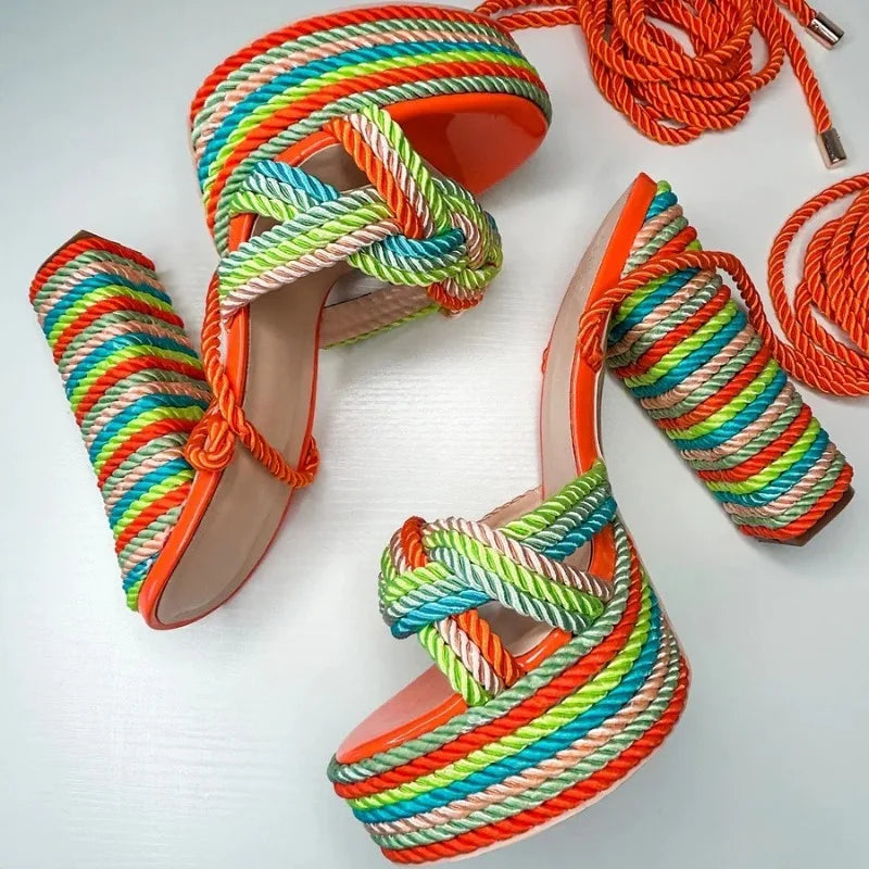 New Multi-color Rope Woven Cross Strap Women High-heeled Sandals