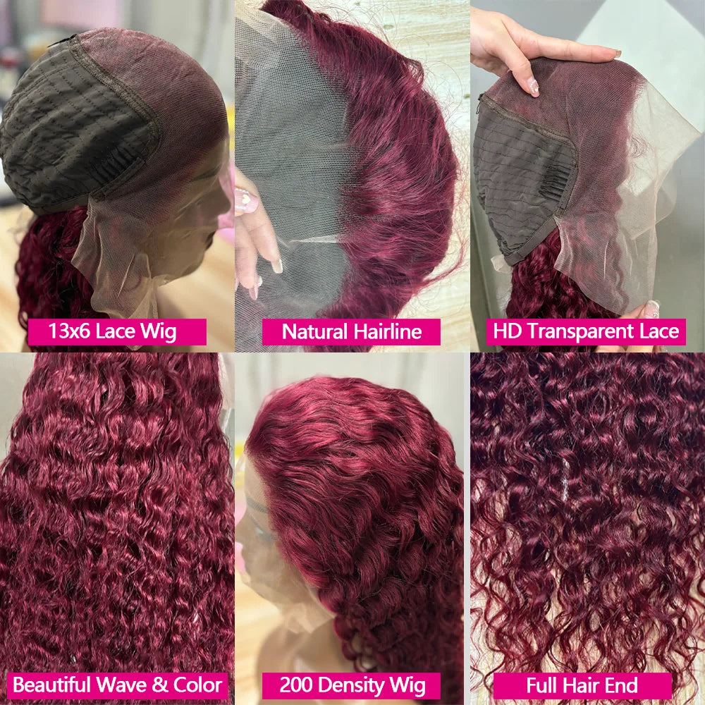 210 Density Burgundy 13x6 HD Lace Frontal Human Hair Wig 30Inch Water Wave Human Hair Wig 12A Ginger Lace Front Wig Human Hair