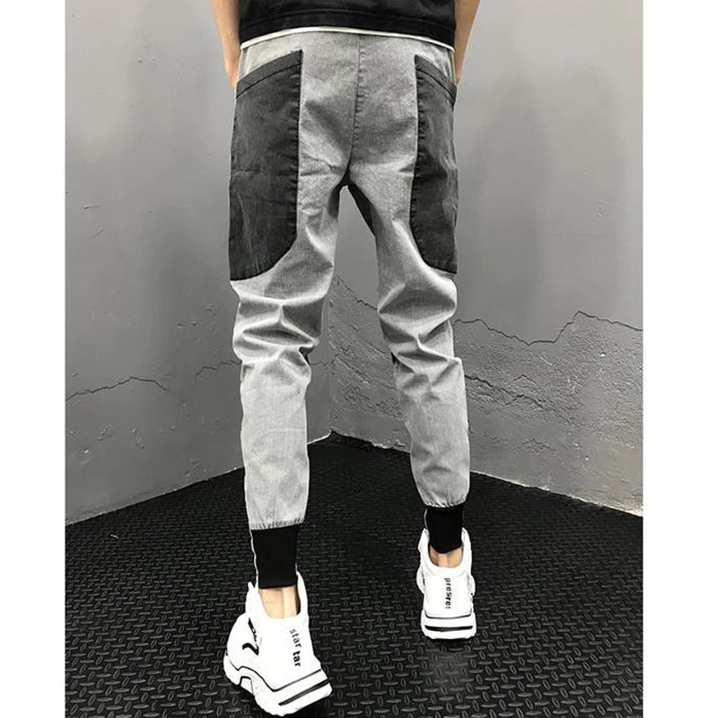 Men's Summer Korean Fashion Vintage Patchwork Stretchy Washed Denim Pants Y2K Casual Streetwear Slim Fit Jeans Pantalones Hombre