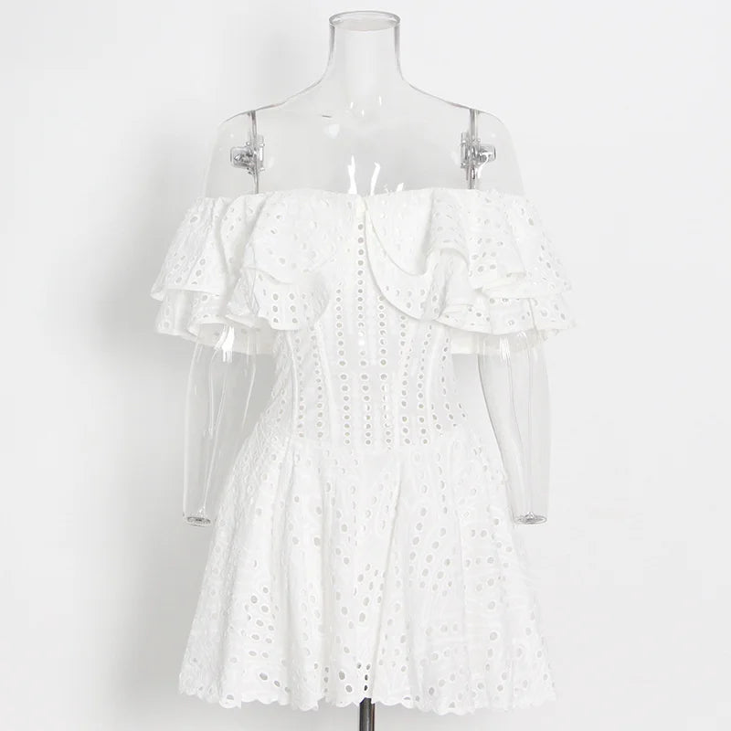 JAMERARY Women Dress Summer Runway Cut Out Double Layer Ruffles Embroidery Elastic Waist Short Party Vestidos Holiday Beach Wear