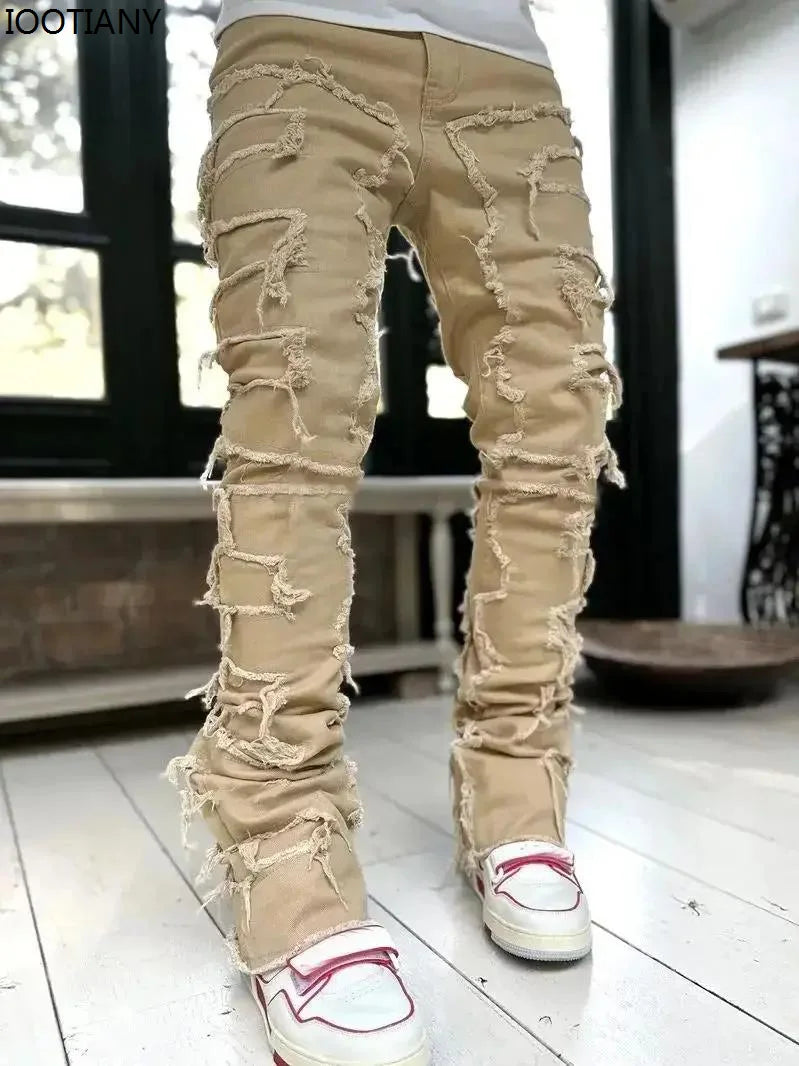 New Fashion Stretch Jeans Man Stacked Jeans Elastic Waist Straight Fit Patchworks Denim Long Pants Fringe Ripped Jeans For Men
