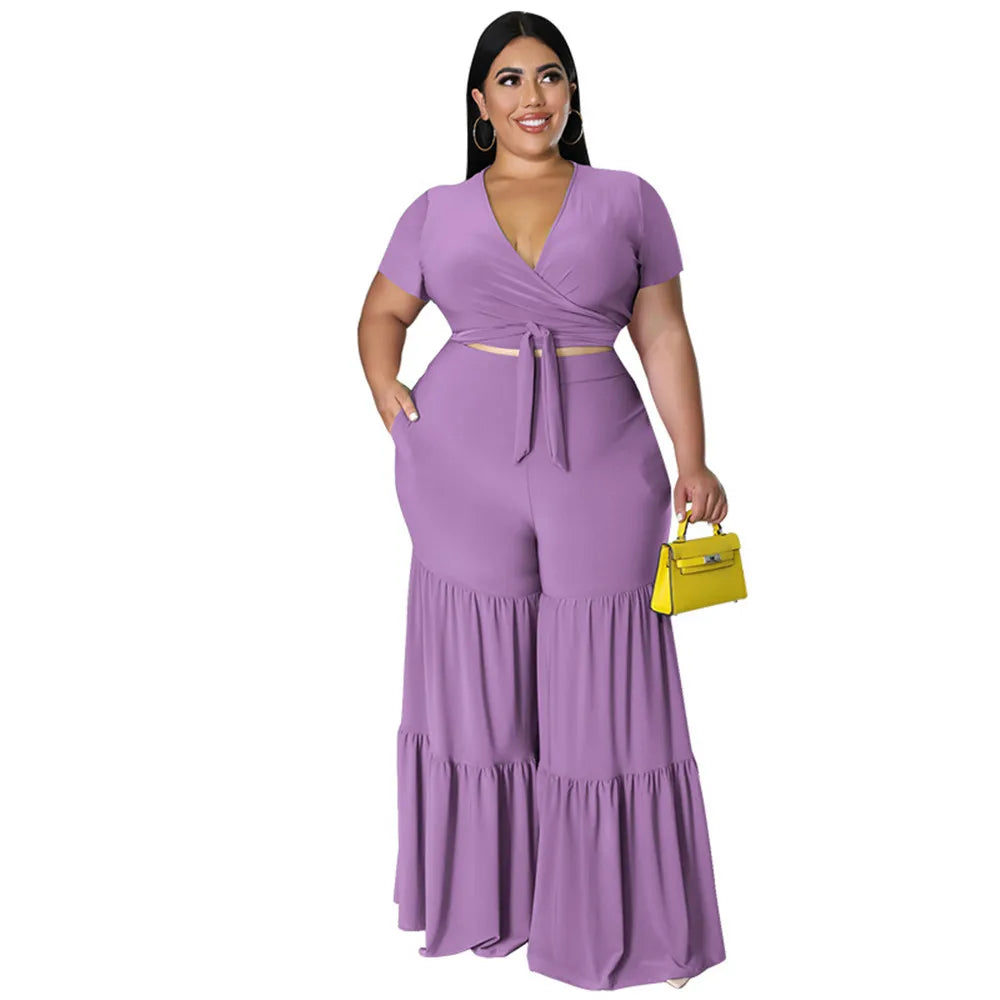 Wmstar Plus Size Pants Sets Two Piece Outfits Summer Holiday Solid Bandage Top Wide Leg New Matching Suit Wholesale Dropshipping