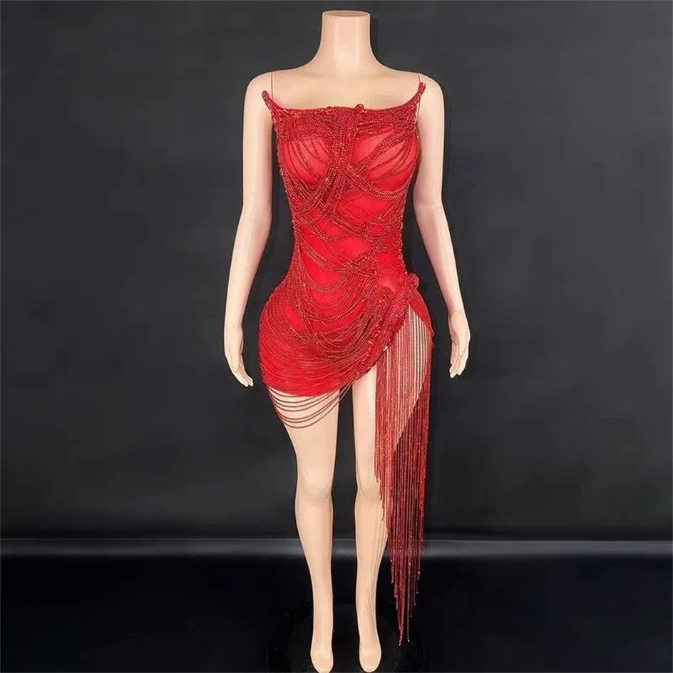 STOCK Sparkly Rhinestone Fringe Dress Women Sexy Birthday Wedding Party Prom Drag Queen Costume Outfit Stage Wear Festival