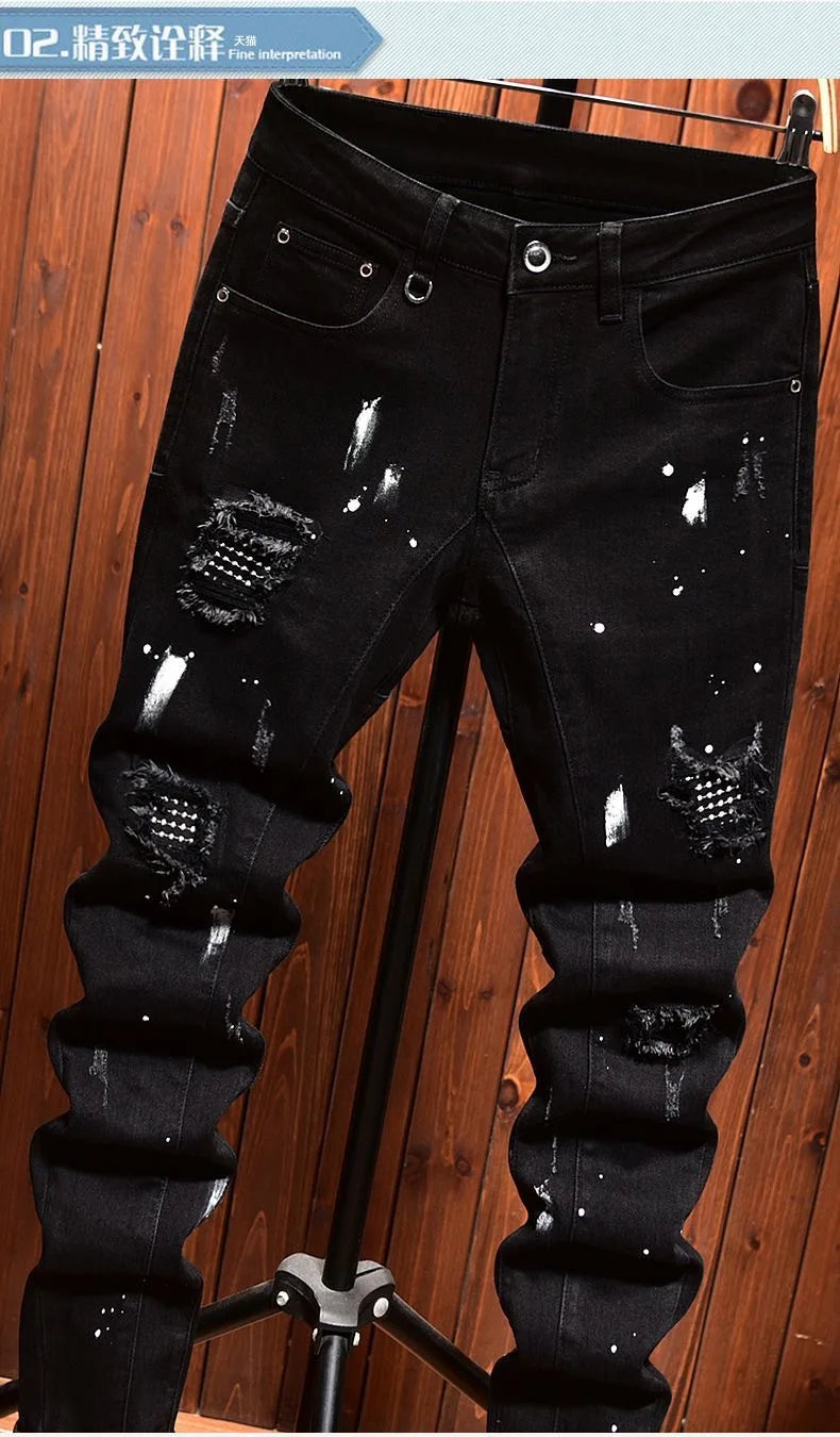 2024 Spring and Autumn New Fashion Trend Retro Ripped Black Stretch Jeans Men's Casual Comfort Straight Leg High Quality Pants