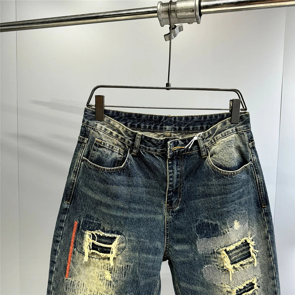 American Streetwear Ripped Patch Jeans Hip Hop Baggy Jeans Mens Clothing Vintage Denim Cargo Pants Japanese Harajuku Trousers