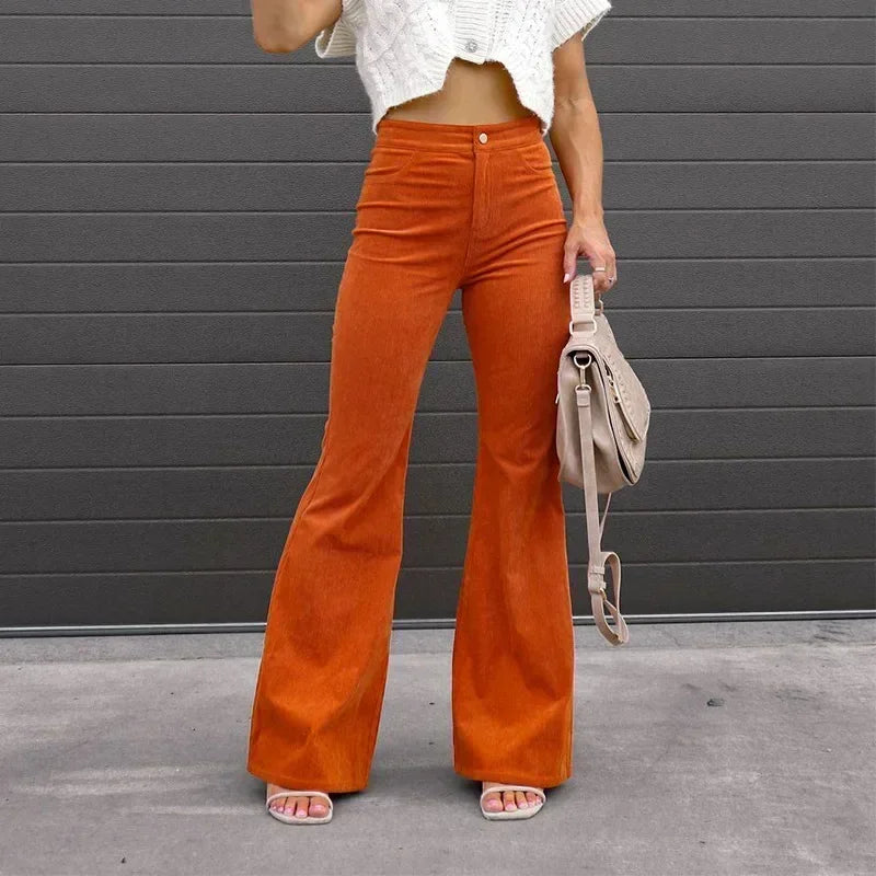 Women Pants Elegant Corduroy Autumn Winter Fashion Slim Casual Female New Solid Mid-waist Street Long Flare Clothing Lugentolo