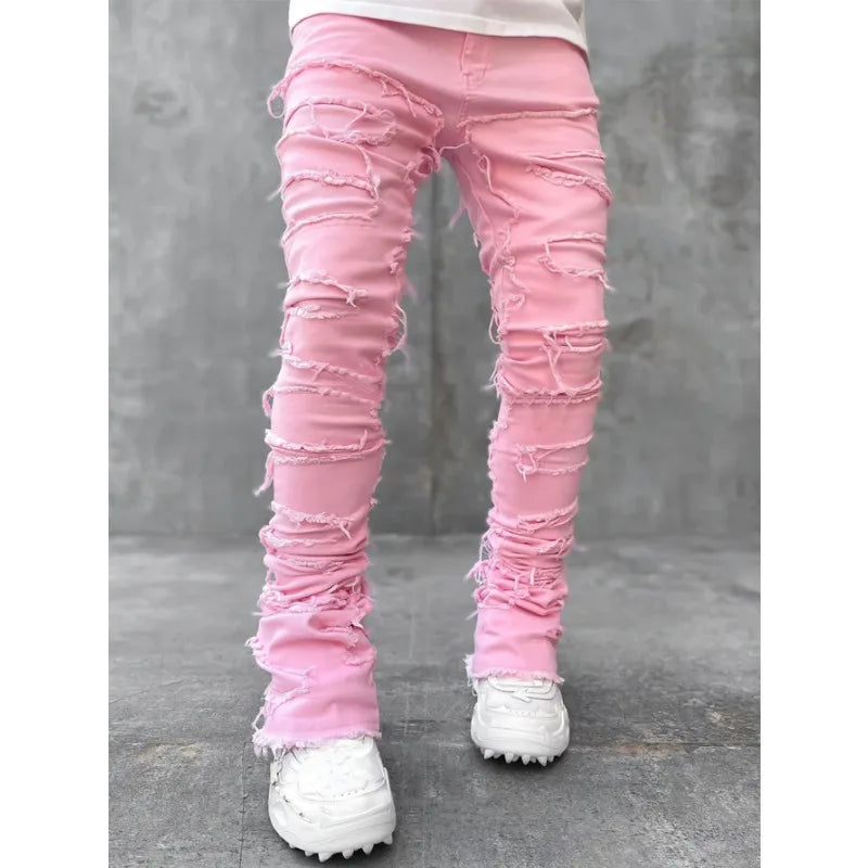 2024 Spring Summer New Men's Clothing Fashion Solid Color Elastic Patch Denim Straight-Leg Pants Jeans