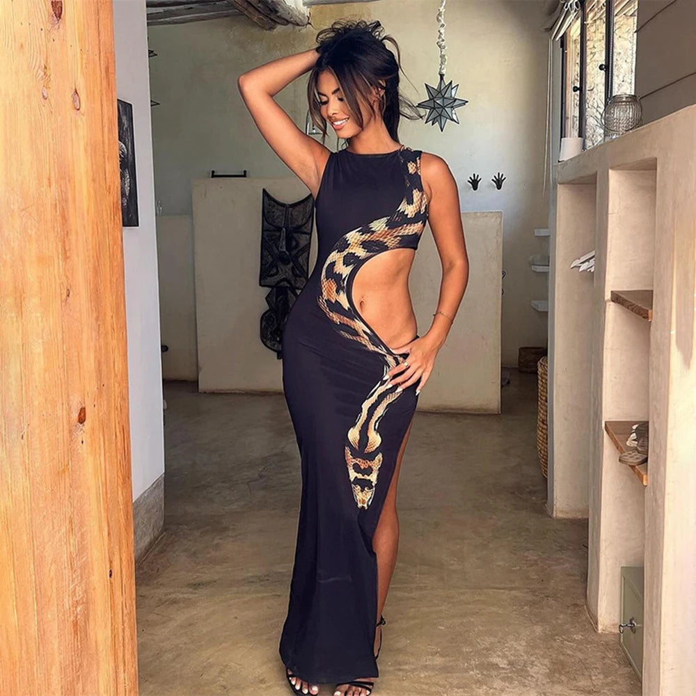 Summer New Fashionable Sleeveless Sexy Slim Fit Mid Waist Slit Long Skirt With Hollow Out Dress For Women