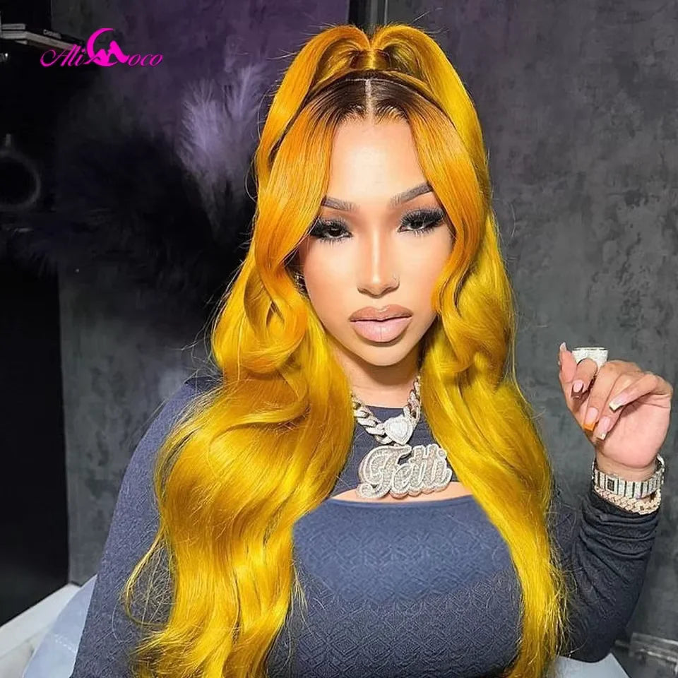 Yellow With Black Root Body Wave Human Hair Wig Pre-Plucked 13x4 13x6 Lace Frontal Human Hair Wig For Black Woman 180 Density