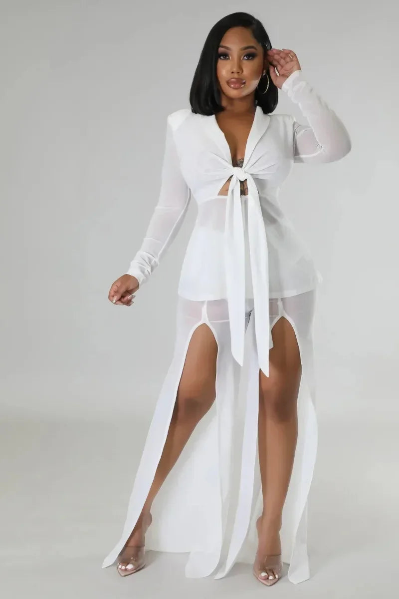 Women Fashion Sexy 2 Piece Set Long Sleeve Lace Up Ribbon Zipper Slim Blazer Tops + Split Wide Leg Pants See Through Mesh Suit