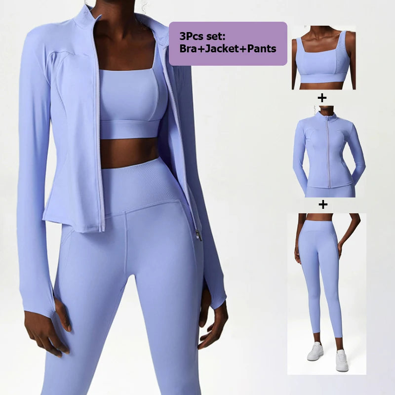 2/3 Pieces Fitness Yoga Set Women Solid Color Stretch Athletic Suit Sexy Bra Zipper Jacket High Waist Leggings Female Sportswear
