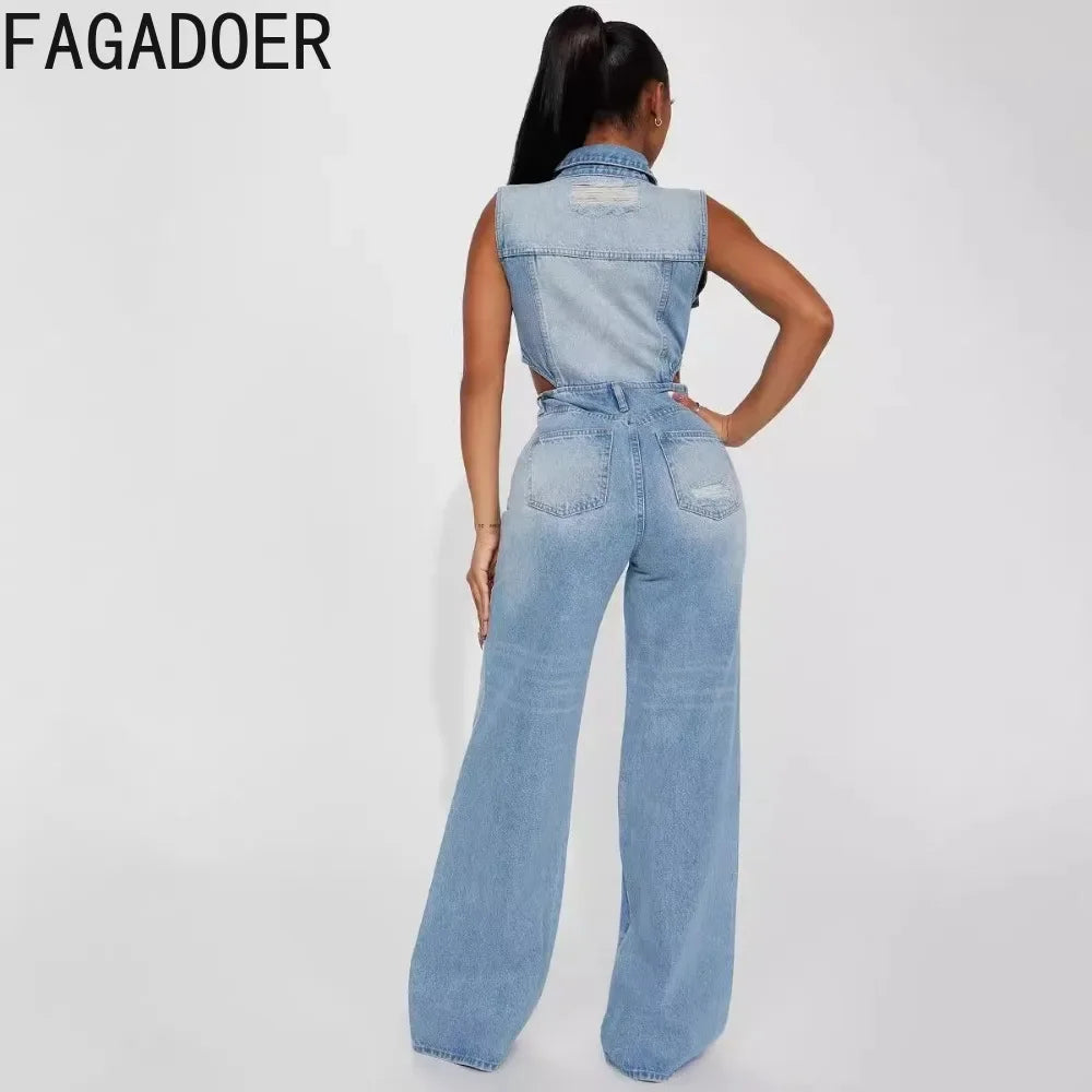 FAGADOER Y2k Retro Denim One Pieces Jumpsuit Women High Quality Stretchy Wide Leg Jean Rompers Side Hollow Streetwear Overalls