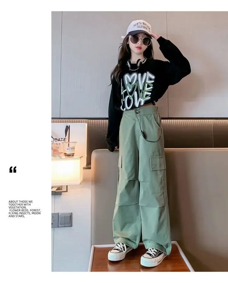 2025 spring autumn Kids tracksuit Children set Girls Clothes loose T-Shirt + wide leg Cargo Pants Teenager 4 5 6 7 10 11 12 year