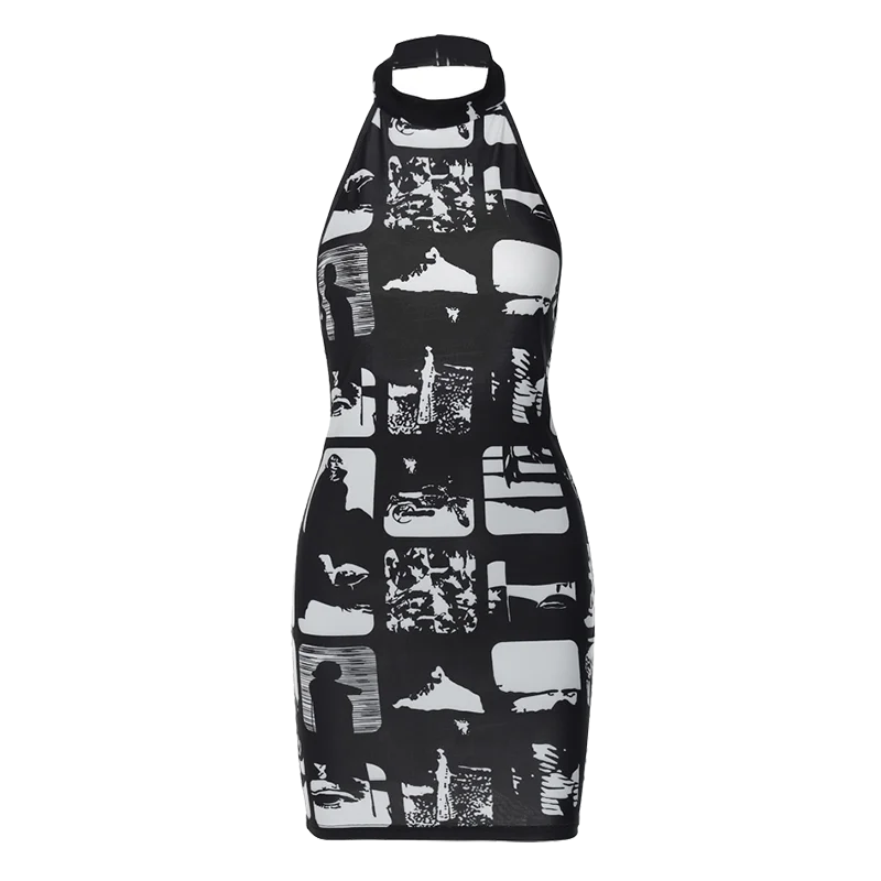 Hugcitar Vintage Print Halter Sleeveless Backless Sexy Slim Bodycon Mini Dress 2023 Summer Y2K Outfit Streetwear Nightclub Biker
