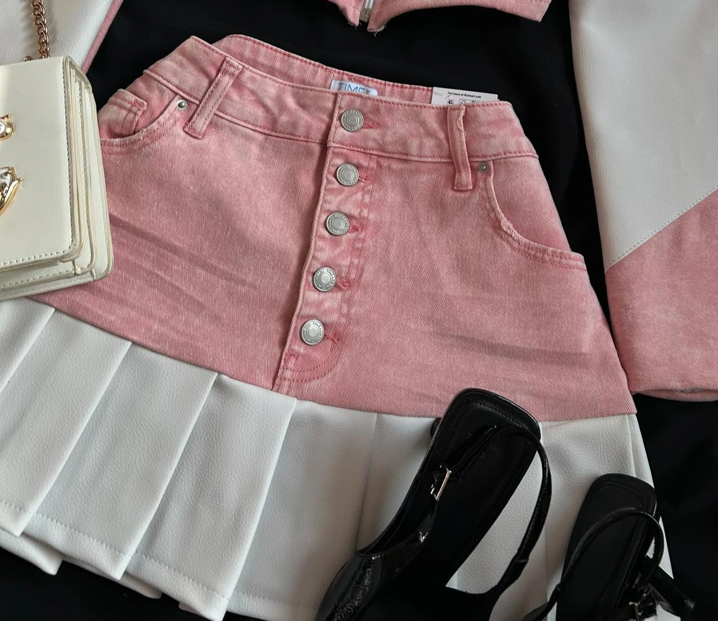 Harajuku New Y2k Two Piece Sets Womens Outifits Pink Leather Denim Splicing Zipper Jacket Skirt Sets Pleated Skirts Streetwear