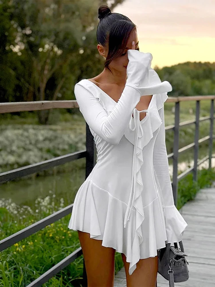 Elegant Ruffled Mini Dress Women Sexy Slim V Neck Lace Up Robe Female 2025 Summer Fashion Flare Sleeves Solid Beach Dresse