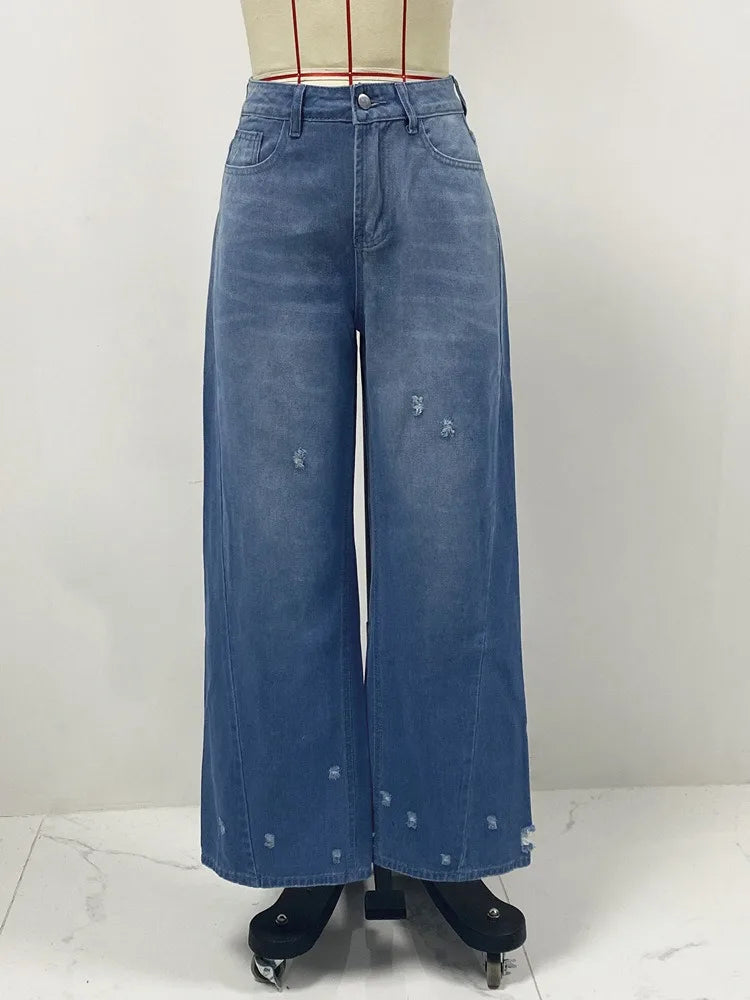 Women Denim Holes Jeans Washing Pencil Pants High Waist Zipper Mom Fly Slim Wide Leg Pockets Full Length Spring 2025 Streetwear