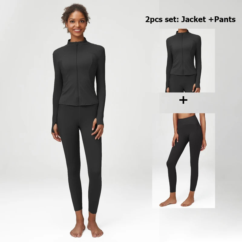 2/3 Pieces Fitness Yoga Set Women Solid Color Stretch Athletic Suit Sexy Bra Zipper Jacket High Waist Leggings Female Sportswear