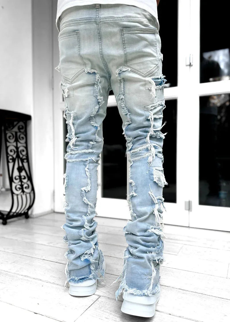 New Fashion Stretch Jeans Man Stacked Jeans Elastic Waist Straight Fit Patchworks Denim Long Pants Fringe Ripped Jeans For Men