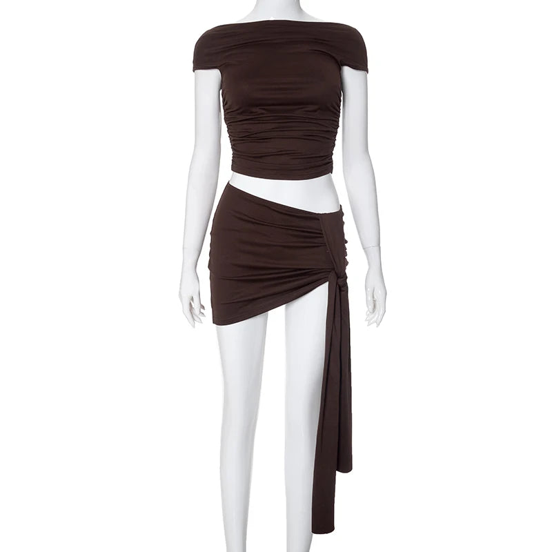 CUTENOVA Solid Color Pleated Backless Sexy Twopiece Set 2024 Off Shoulder Mini Shkirt Women Set Elegant Evening Party 2 Pieces