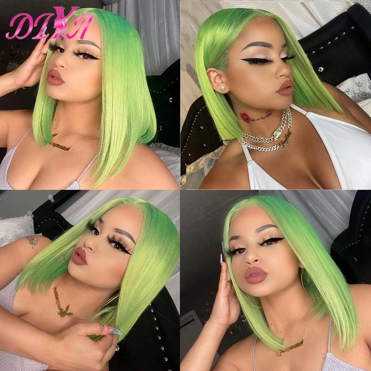 Light Lime Green Bob Wig Human Hair 13x4 Frontal Lace Wig Human Hair Pre Plucked HD Lace Bob Straight Colored Human Hair Wigs