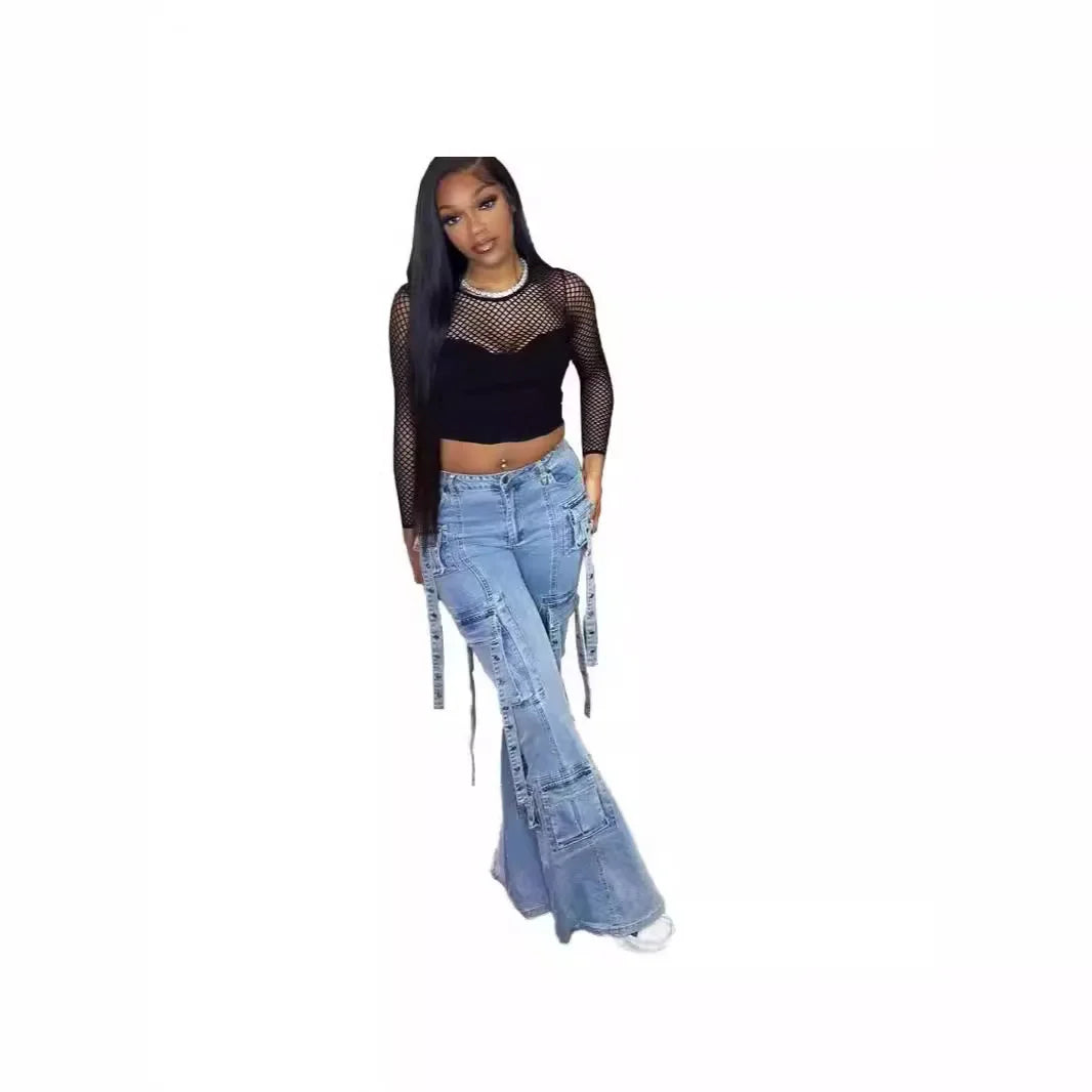 Y2K Women Flare Jeans Zipper Fly Stretchy Cargo Pants 2024 Autumn New Popular Streetwear Sexy Club Party Denim Pants Outfits