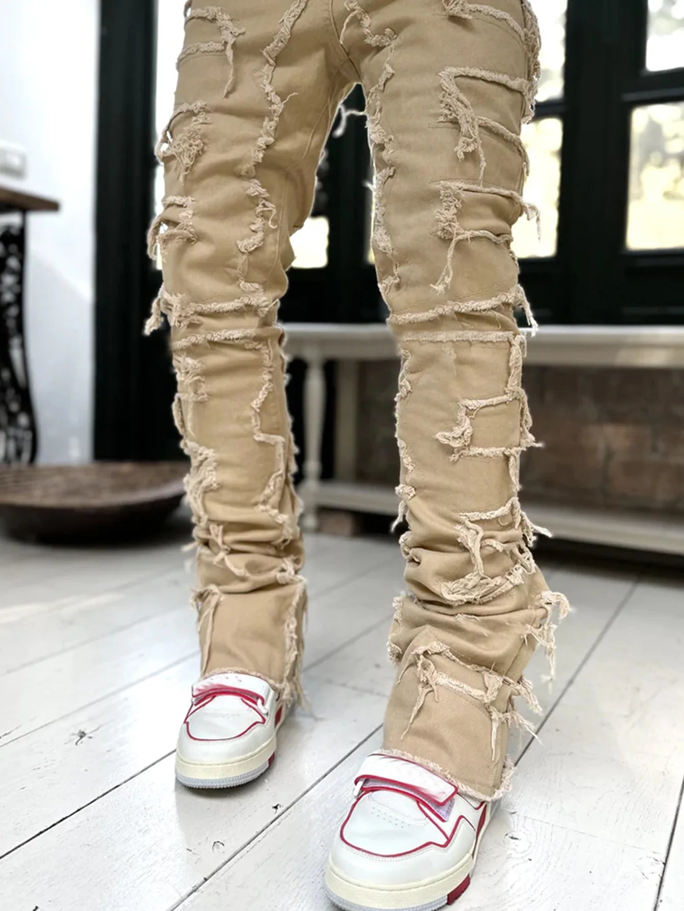 2024 New Premium Vintage Blue Stacked Jeans For Men Stretchy Raw Frayed Denim Destroyed Washed Patchworks Pants