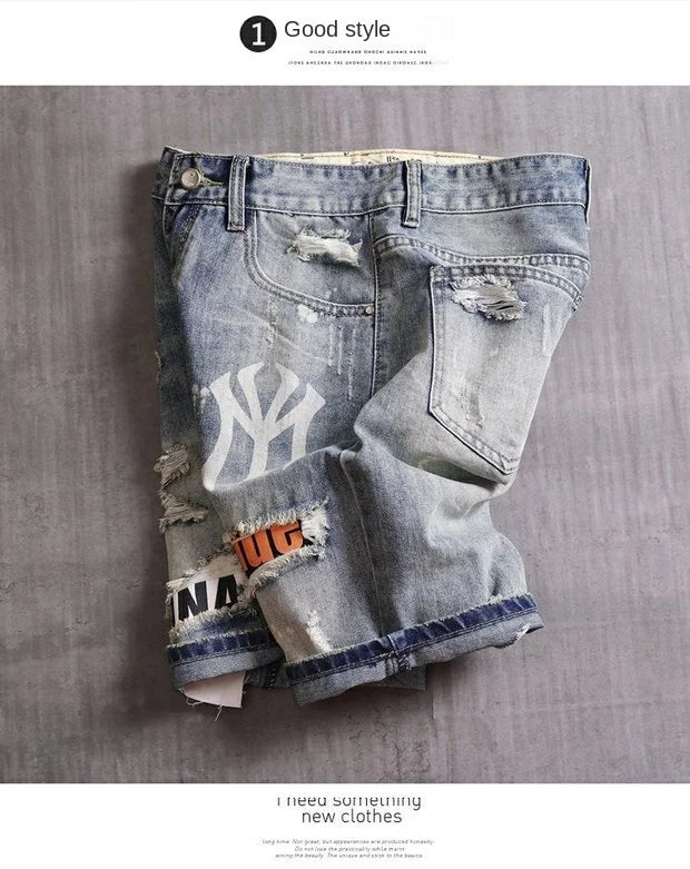 Summer 2025 Light Blue Ripped Cat Whisker Patch Letter Print Slim Denim Shorts Teenagers Jeans Boys and Girls Cowboy Short Pants