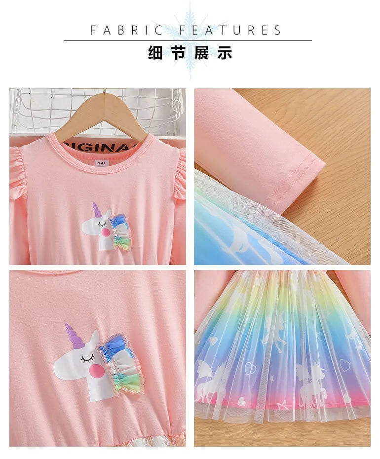 2025 New Princess Dress Unicorn Girls Dress Spring Kids Clothes Birthday Party Dress Long-sleeved for Children Rainbow 2-8Y