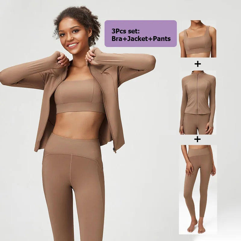 2/3 Pieces Fitness Yoga Set Women Solid Color Stretch Athletic Suit Sexy Bra Zipper Jacket High Waist Leggings Female Sportswear