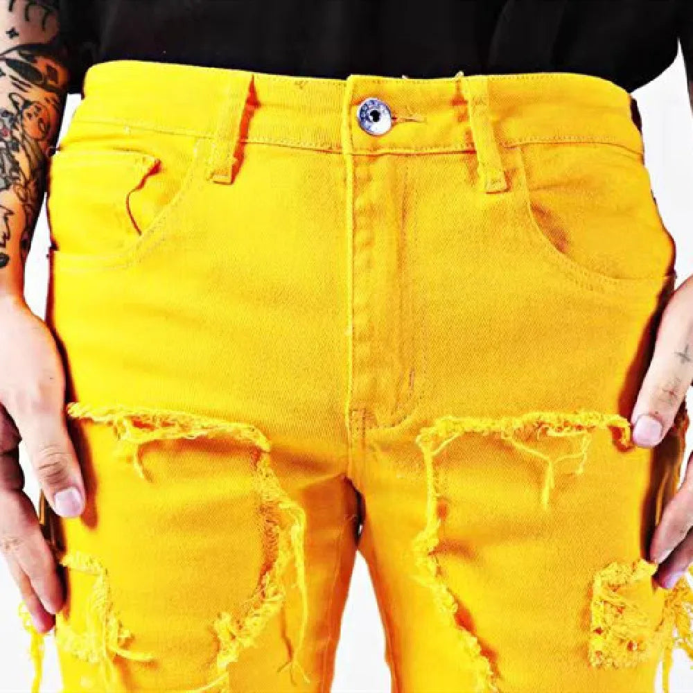 Kakan - New European and American Heavyweight Streetwise Stretch Patch Jeans for Men, High Street Straight Fit Long Jeans16-3001