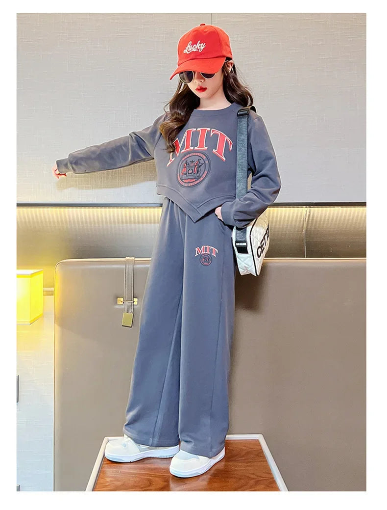 2025 autumn spring kid Girls Clothes Suit Child irregular letter sweatshirt t-shirt top and loose pant Tracksuit 4 8 10 12 year