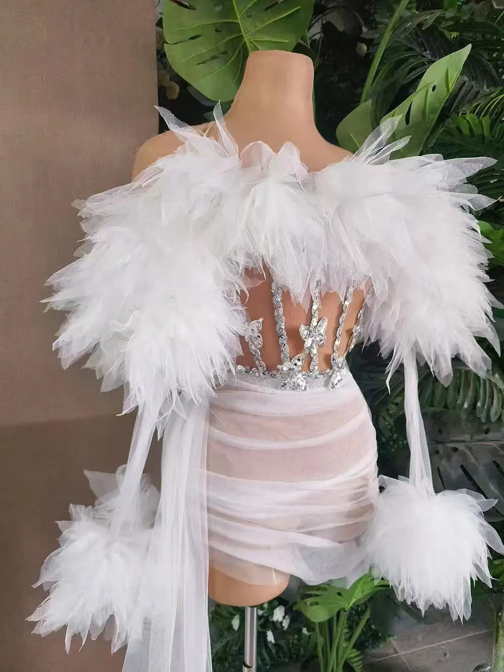 White Purple Women Sexy Strapless Mesh Ruffles 2 Pieces Bodycon Mini Dress See Through Celebrate Nightclub Party Birthday Wear