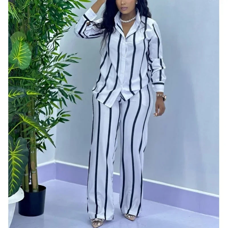 African Stripe Two Piece Set Women Long Sleeve Wide Leg