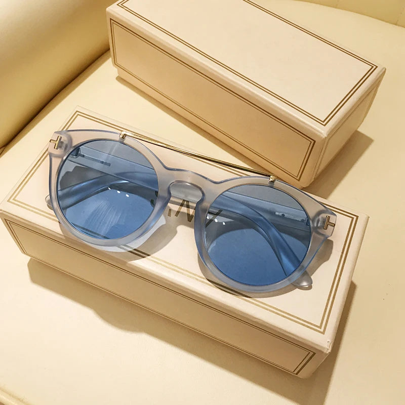 Trendy Retro Round Rivet Sunglasses Women 2025 Brand Double Bridge Shade Eyewear Colorful Lens Gray Yellow Frame Men Sun Glasses
