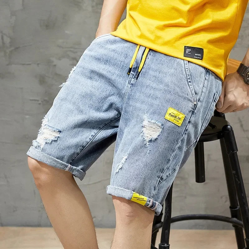 Summer 2025 Light Blue Ripped Cat Whisker Patch Letter Print Slim Denim Shorts Teenagers Jeans Boys and Girls Cowboy Short Pants