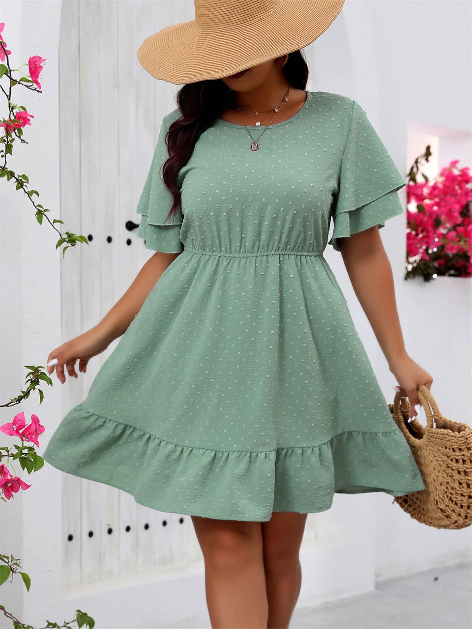 GIBSIE Plus Size Swiss Dot Butterfly Sleeve Dress Women Summer 2025 New Round Neck Elastic Boho A-line Ruffle Hem Short Dresses
