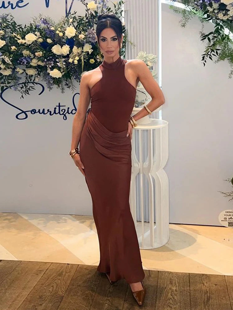 Satin Sexy Hollow Out Women Maxi Dress