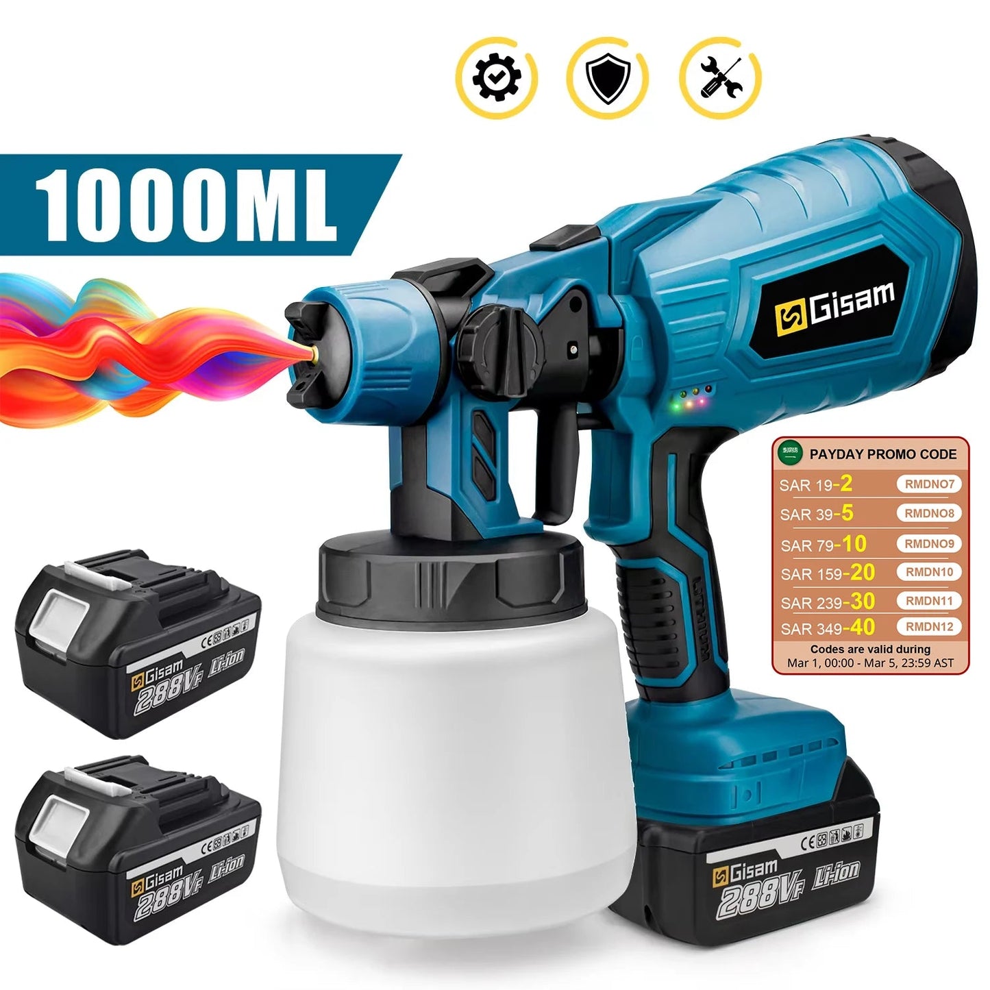 1000ML Cordless Electric Spray Gun HVLP Paint Sprayer