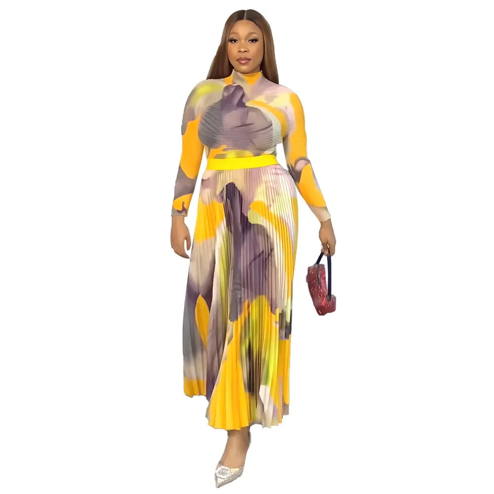Wmstar Women Two Piece Set Lady Long Sleeve Short Top Elegant Pleated Skirt Y2K Tshirt Top Summer Big Swing Skirts Waffle Suits