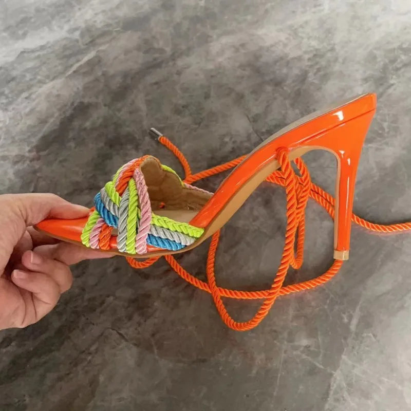 New Multi-color Rope Woven Cross Strap Women High-heeled Sandals