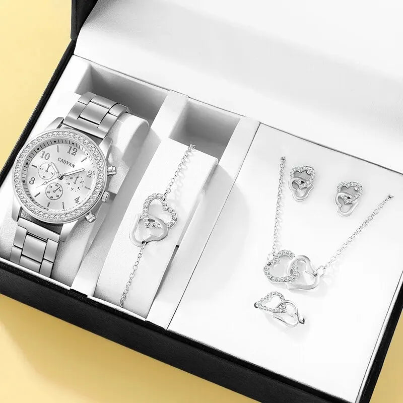 6PCS Luxury Watch Ring Necklace Earring Bracelet Watches Rhinestone Set
