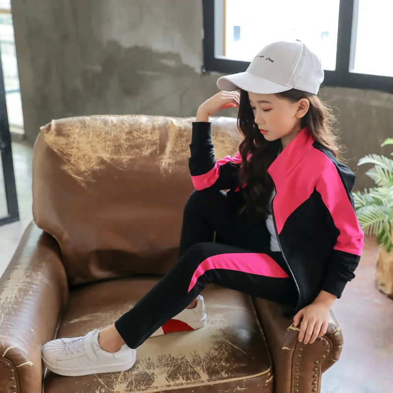 2025 New Spring Autumn Teen Girls Clothing Sets Fashion Zipper Sweatshirt + Pants 2Pcs Outfits Kids Tracksuit 4 6 8 10 12 Years